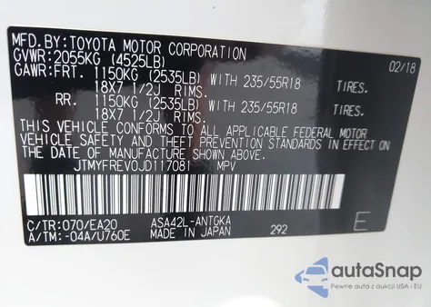 2018 Toyota Rav4 Limited/Platinum z USA, uszkodzony, nr VIN JTMYFREV0JD117081